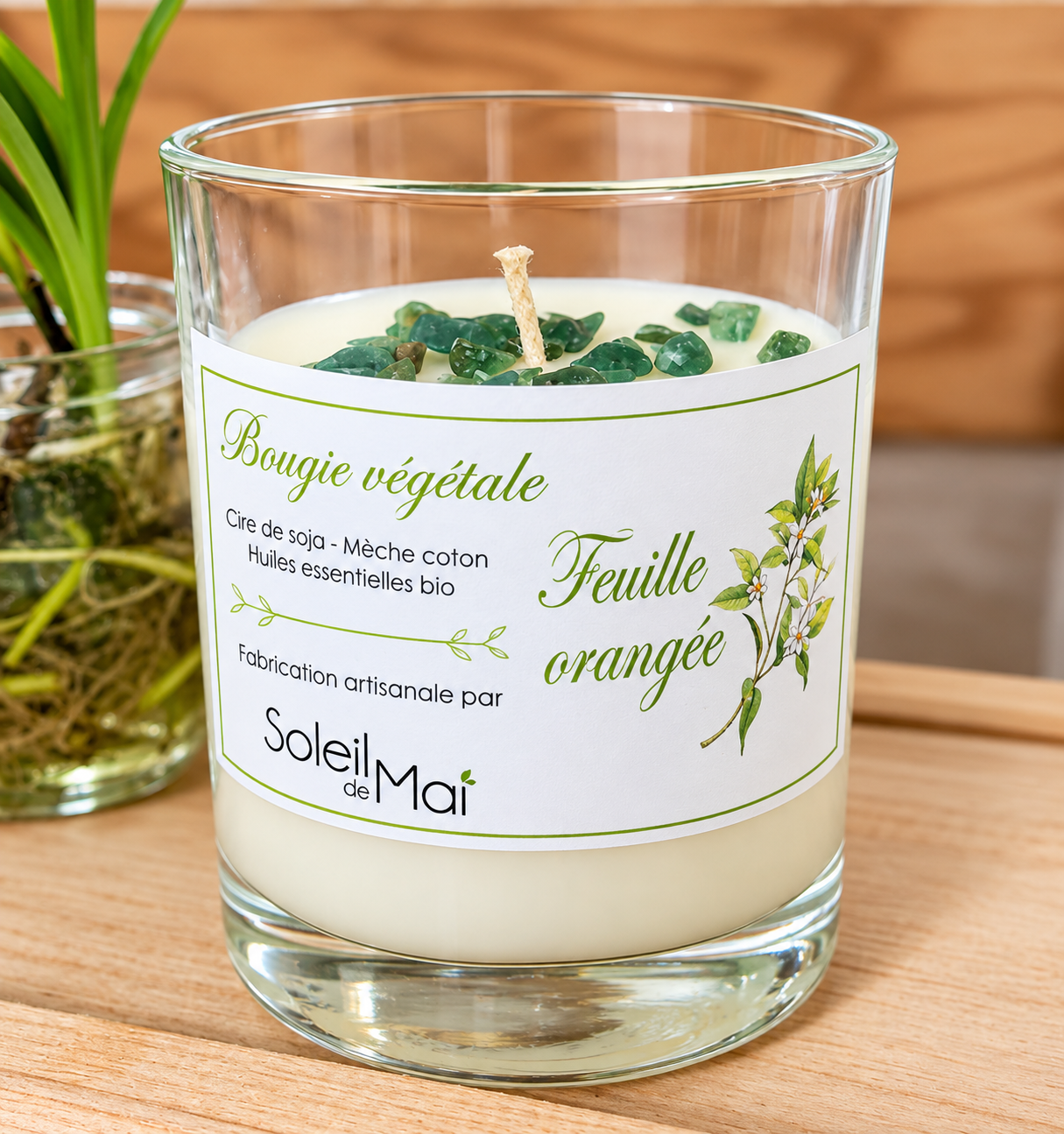 bougie botanique et aventurine bougie botanique feuille orangée et aventurine